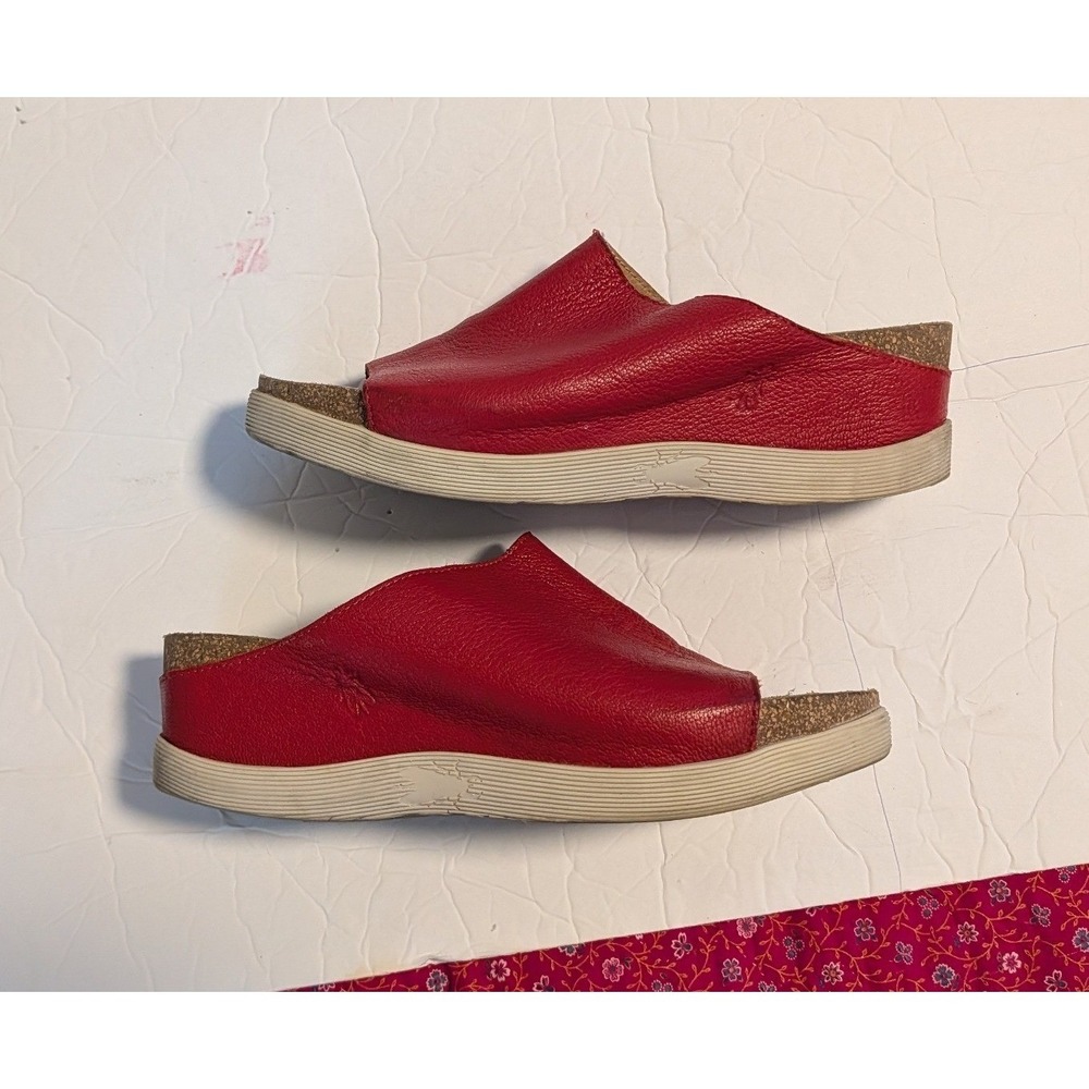 Fly London Wigg Wedge Slide Platform Sandals Red Pebbled Leather Mules Size 40/9 - Picture 7 of 8